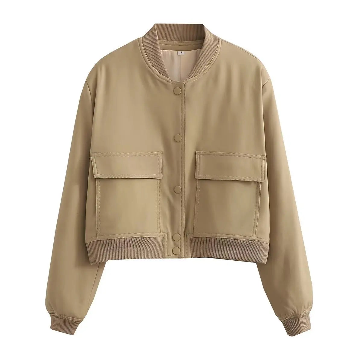 Autumn Jacket with Stand Collar, Double Pockets, Solid Color, Biker Pilot Jacket for Women