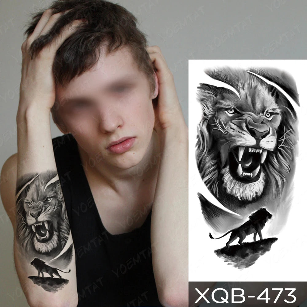 Wholesale Waterproof Temporary Tattoo Sticker Lion Family Flash Tatto Tiger Wolf Moon Crown Flower Body Art Arm Fake Tatoo