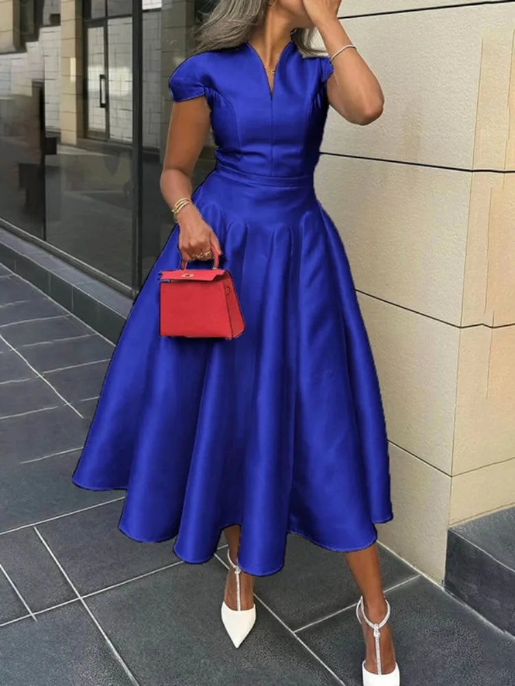 Women's Elegant V-Neck Midi Dress – A-Line Pleated Party Dress