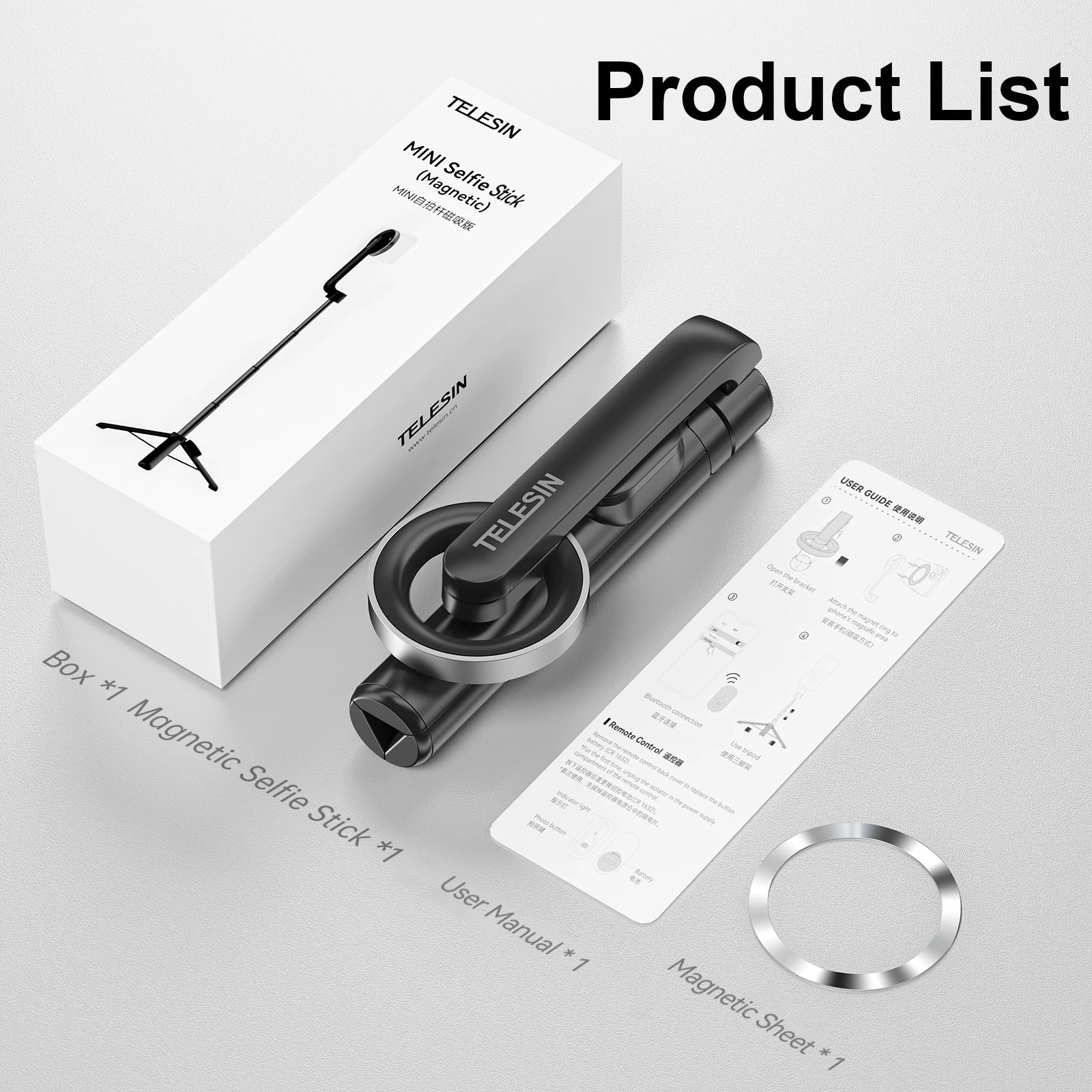 TELESIN Magnetic Selfie Stick Tripod with Remote For Cellphone For iPhone 16 15 14 13 12 Pro Max For HUAWEI XIAOMI SAMSUNG