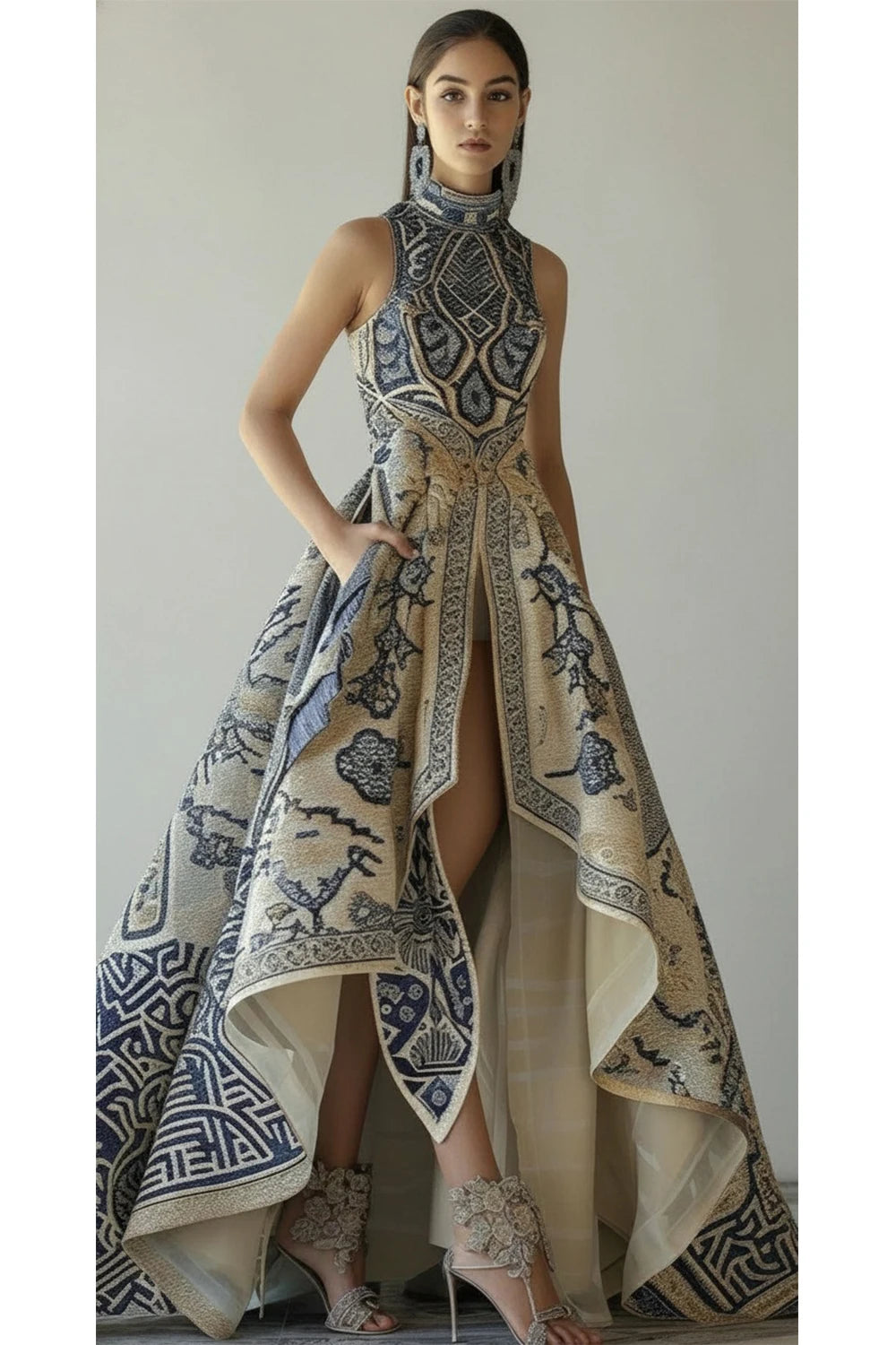 Floral Embroidered Fit & Flare Maxi Dress – Sleeveless with Pockets