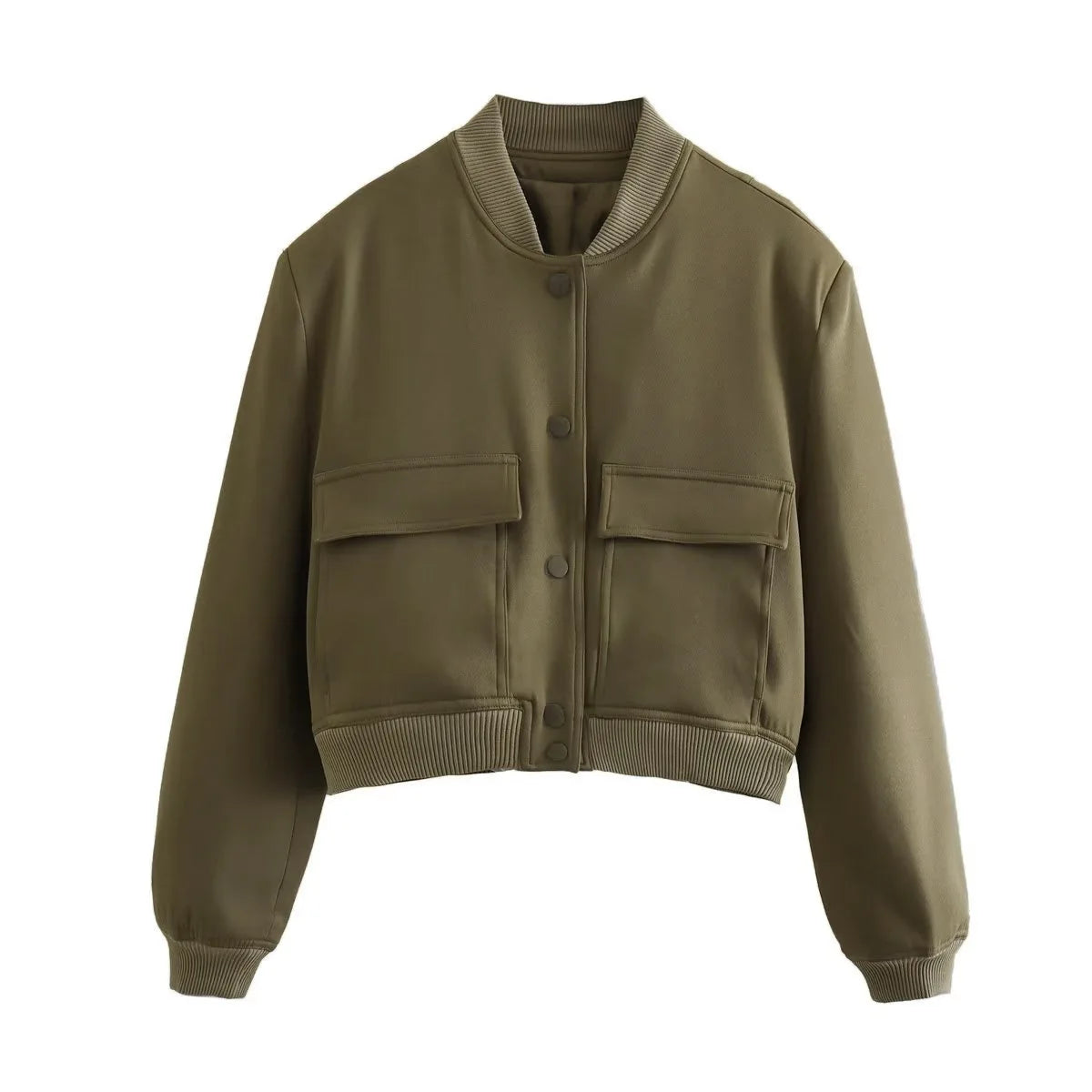 Autumn Jacket with Stand Collar, Double Pockets, Solid Color, Biker Pilot Jacket for Women