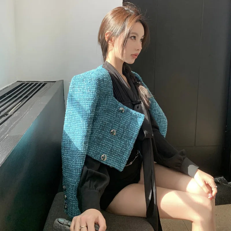Women's Luxury Woolen Jacket – Double-Breasted Square Collar Coat