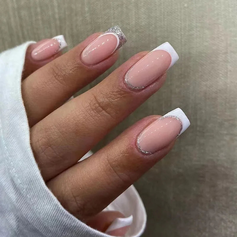 24Pcs French Tip Handmade Press On Nails Minimalist Solid Color Fake Nails Medium Square Full Cover Press On Nail Tips With Glue