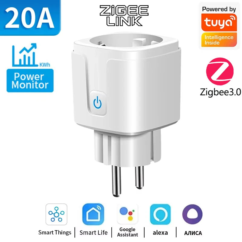 16A/20A Tuya WIFI ZigBee3.0 Smart Plug EU Power Monitor Wireless App Voice Remote Control Socket Outlet Work with Alexa Google