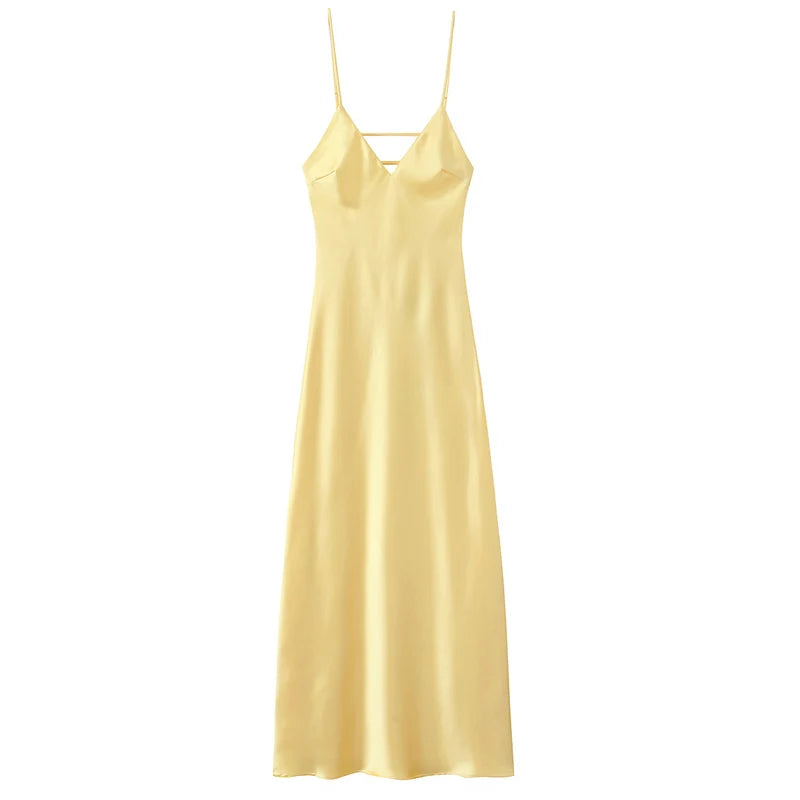 Luxe Satin V-Neck Midi Dress – Backless Slip Evening Party Dress