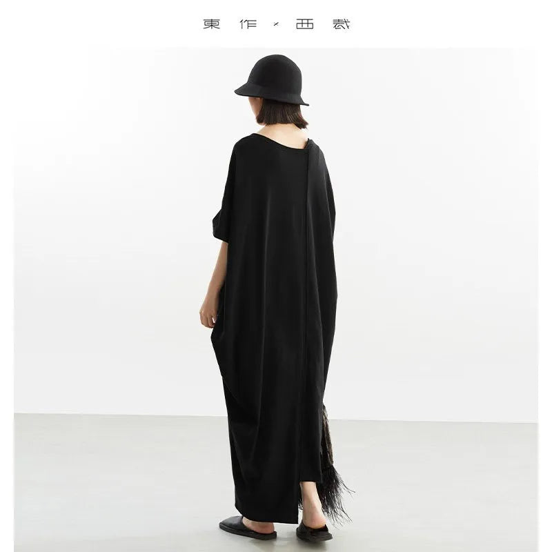 100% Cotton Asymmetric Loose Midi Dress – Casual T-Shirt Style