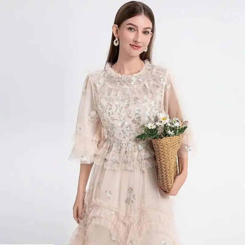 Luxury Embroidery Ruffle Midi Dress – Elegant Puff Sleeve Party Gown