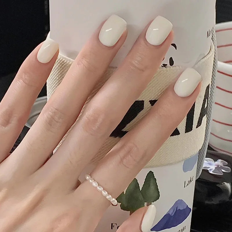 24Pcs French Tip Handmade Press On Nails Minimalist Solid Color Fake Nails Medium Square Full Cover Press On Nail Tips With Glue