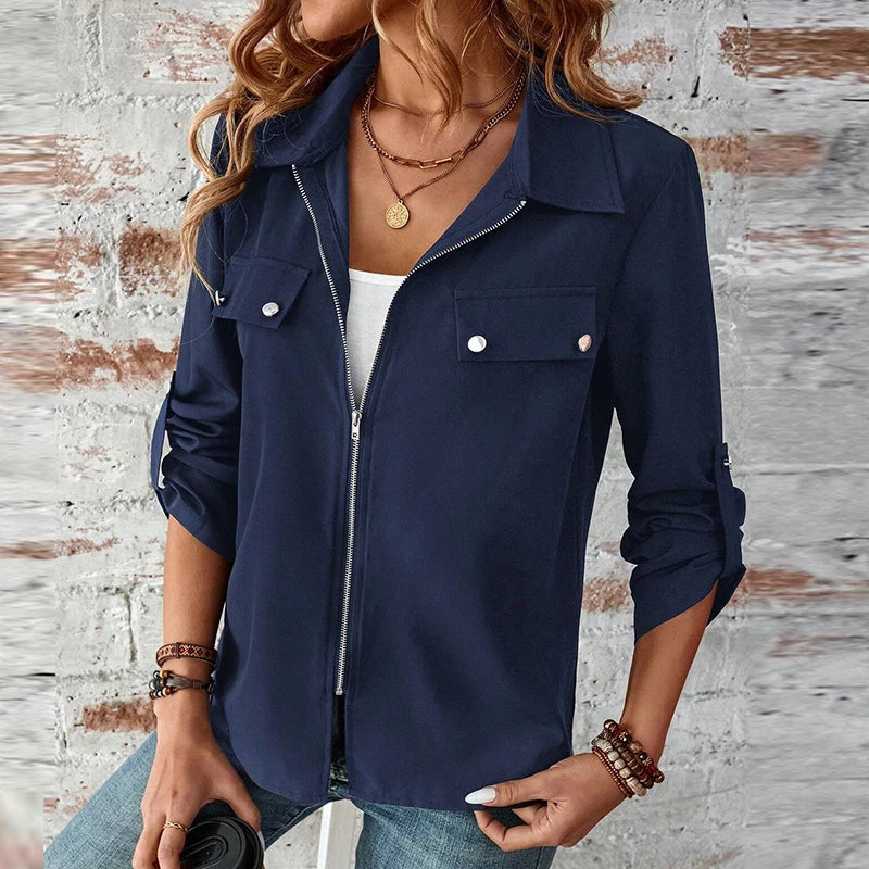 Autumn Women Jacket Coats Turn Down Collar Solid Long Sleeve Biker Jacket For Women Fashion Bomber jacket