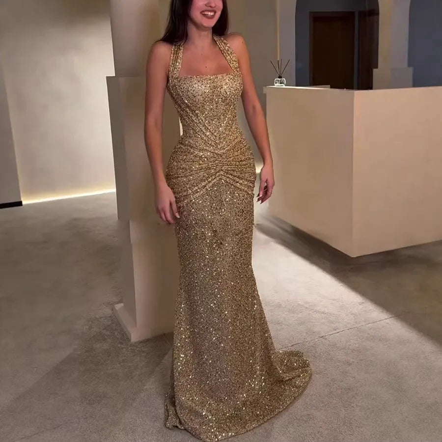 Gold Sequin Halter Neck Evening Dress – Backless Party Gown