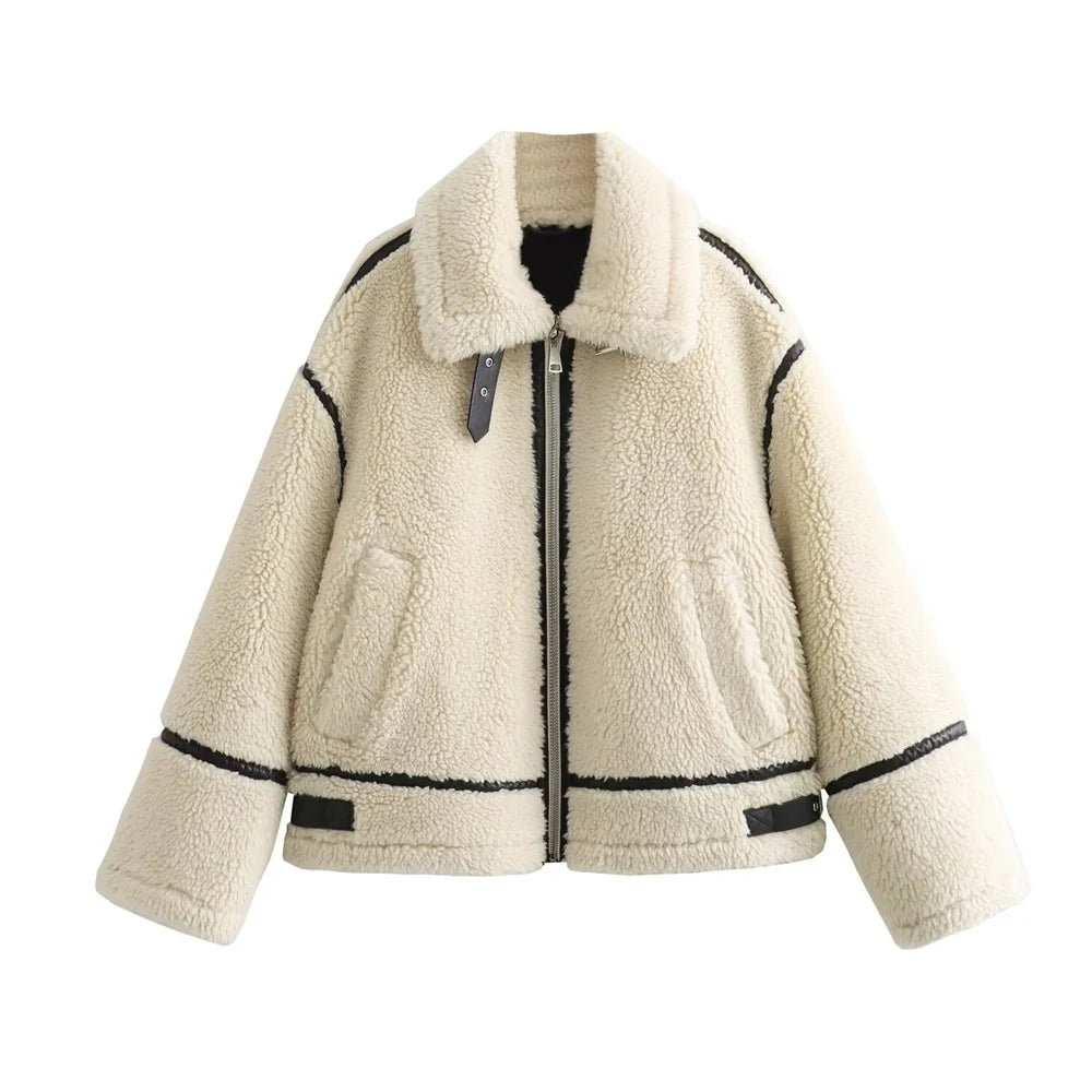 Autumn New Women's European and American Style Artificial Fur Effect Motorcycle Jacket Coat with Fur Integration