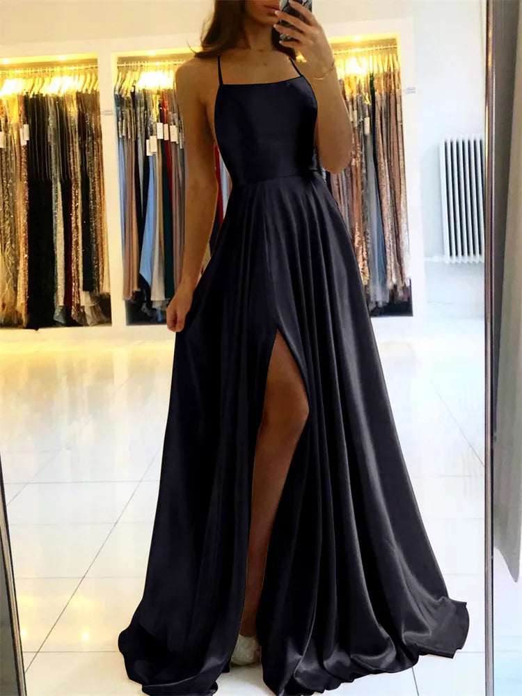 Luxe Satin Side Slit Maxi Dress – Adjustable Strap Evening & Bridesmaid Dress