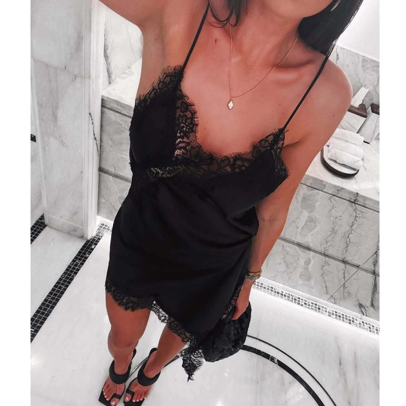 Luxe Satin Lace Slip Dress – Backless Asymmetric Mini Dress