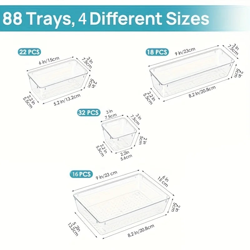 88pcs Transparent Plastic Drawer Storage Set, Bathroom Drawer Storage Tray Storage Box, Suitable for Makeup Vanity, Kitchen Gadg