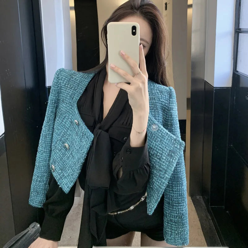 Women's Luxury Woolen Jacket – Double-Breasted Square Collar Coat