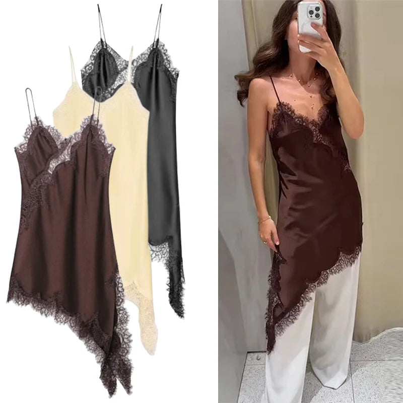Luxe Lace-Spliced Satin Mini Dress – Sleeveless Backless Party Dress