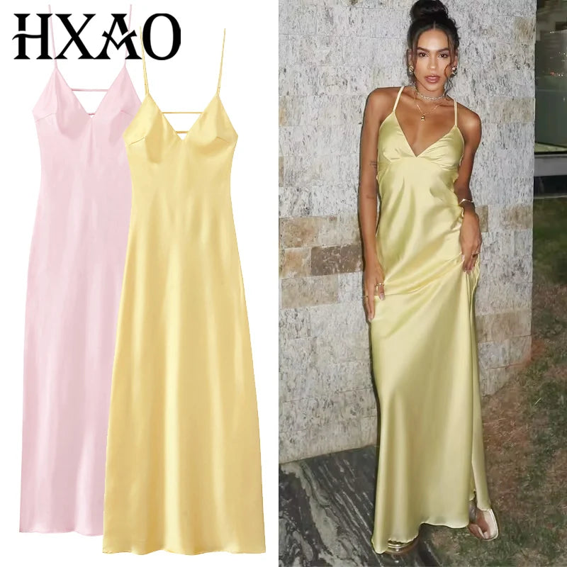 Luxe Satin V-Neck Midi Dress – Backless Slip Evening Party Dress
