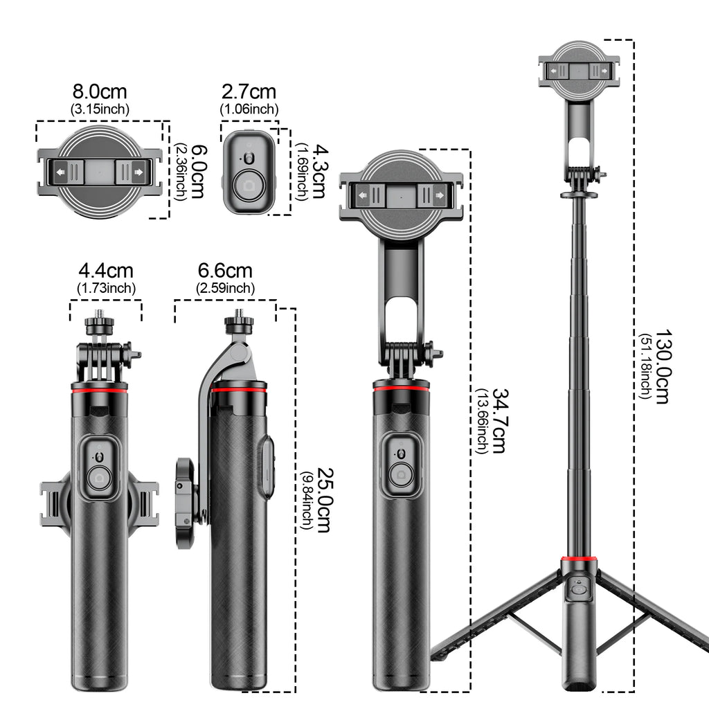 C20 Magnetic Selfie Stick Tripod for iPhone 12-16 Pro Max Travel Stand with Magsafe Phone Clamp for Android Smartphone