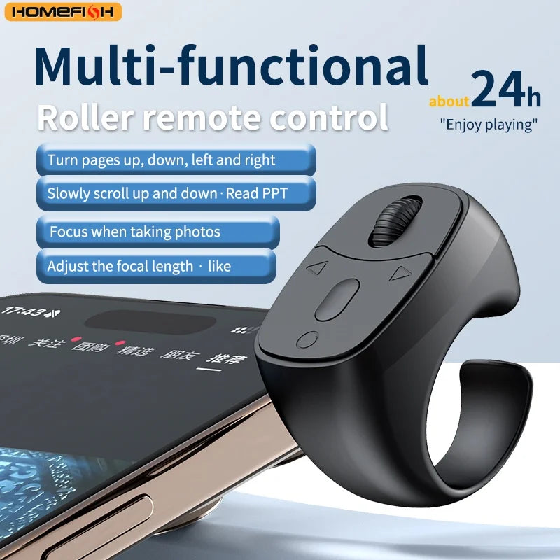 Cell Phone Scrolling Ring Wireless Finger Shutter Remote Control Page Turner Mobile Phone Controller Bluetooth For Travel