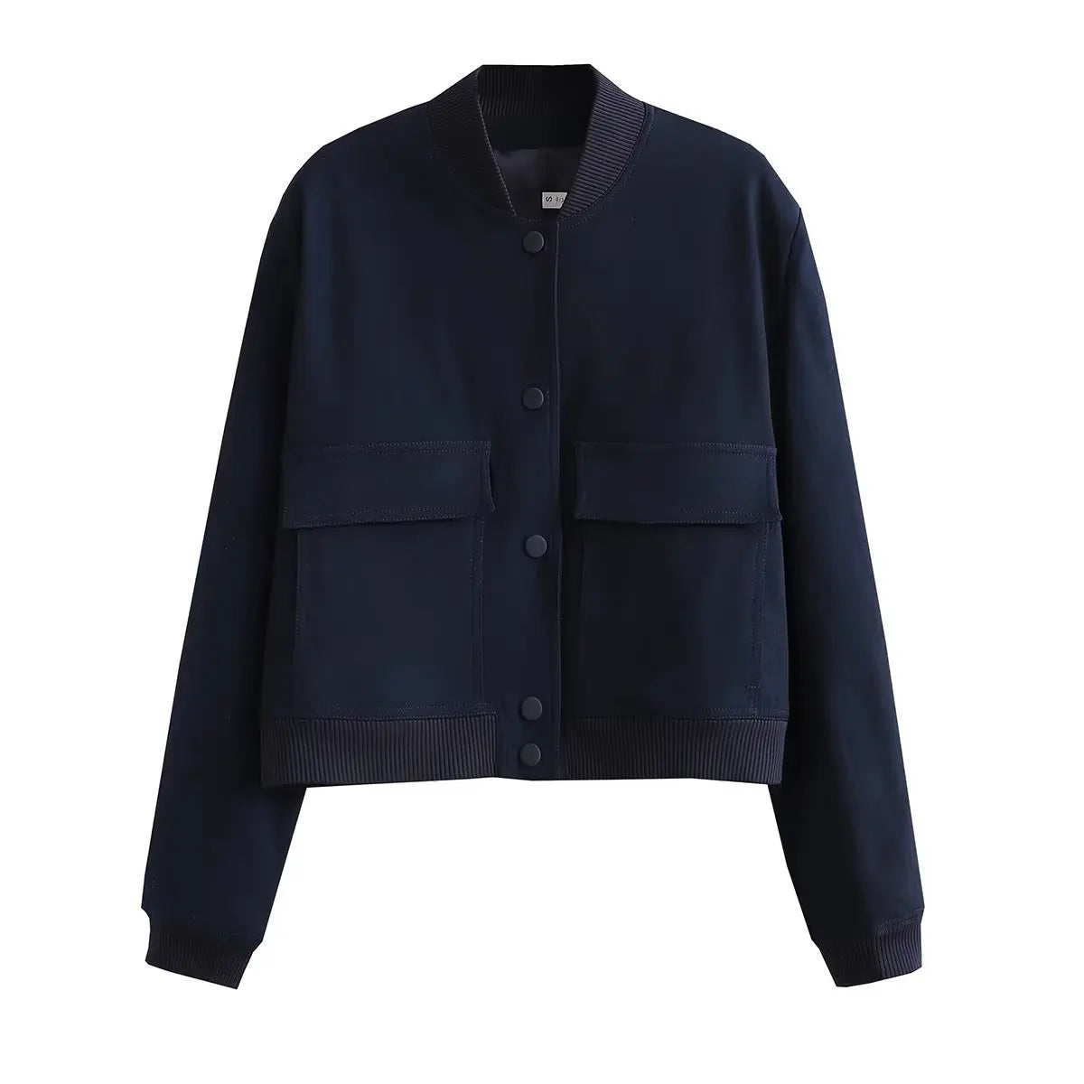 Autumn Jacket with Stand Collar, Double Pockets, Solid Color, Biker Pilot Jacket for Women