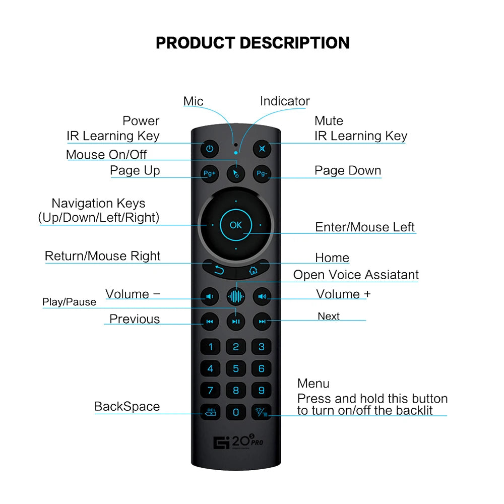 G20S PRO BT Air Mouse Backlit Light 2.4G Wireless Gyroscope Smart Remote Control With Voice IR Learning for Android TV Box
