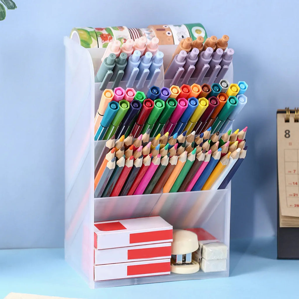 Multi functional desktop pen holder, transparent large capacity pen holder, stationery organizer, office desk pen storage rack