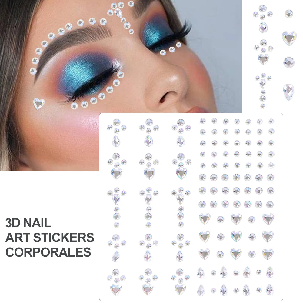3D Rhinestone Face Tattoo Stickers For Festival Glitter Makeup Jewelry Sticker On Face Crystals Gems Jewels Diamonds Decoration