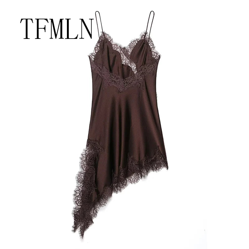 Women Sexy Irregular Lace Dress Fashion V Neck Hem Suspender Long Dresses 2025 New Fashion Party Vestidos