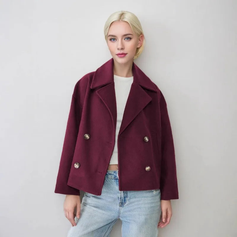 Autumn New European American Style Women's Fashion Temperament Lapel Double-breasted Short Woolen Jacket
