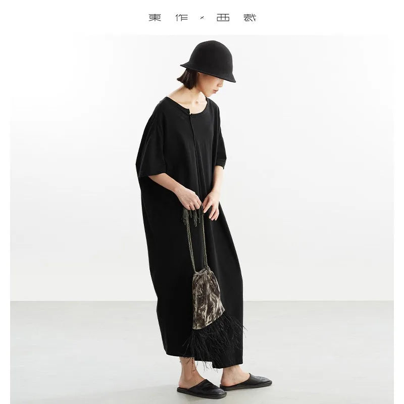 100% Cotton Asymmetric Loose Midi Dress – Casual T-Shirt Style