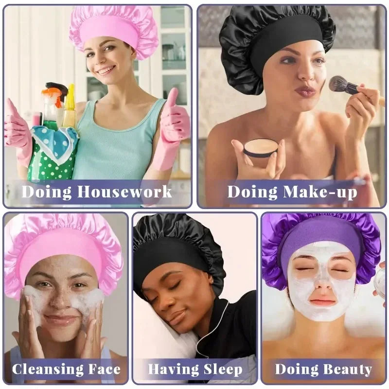 1pcs Soft Silk Satin Lined Bonnet Large Satin Hair Bonnet Household Sleep Shower Cap Hair Wrap Cover for Long Hair Salon Tool