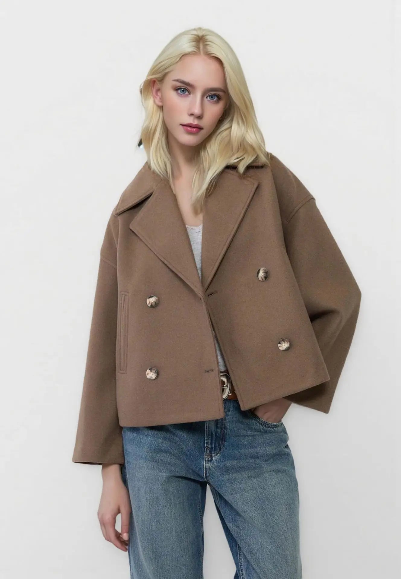 Autumn New European American Style Women's Fashion Temperament Lapel Double-breasted Short Woolen Jacket