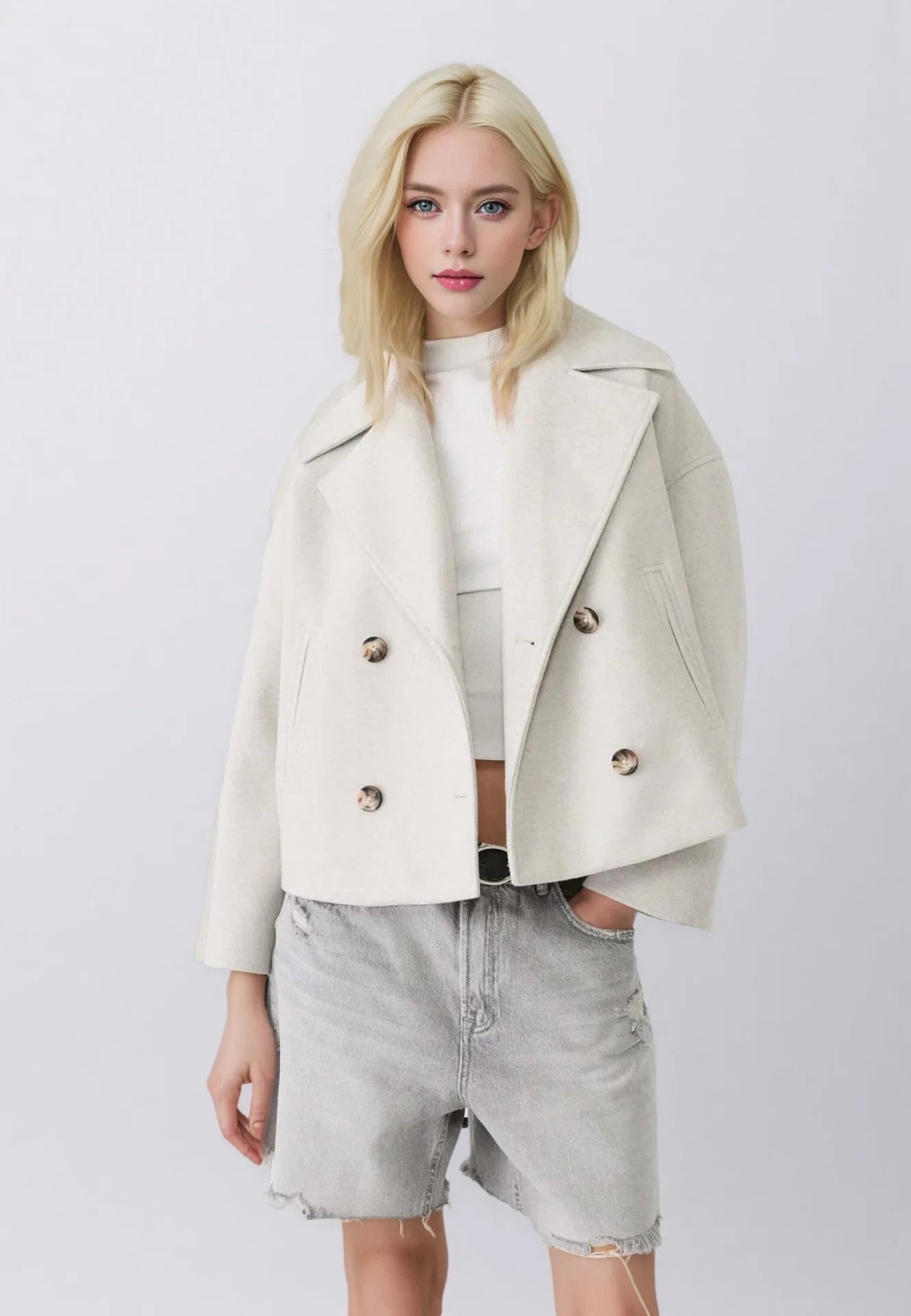 Autumn New European American Style Women's Fashion Temperament Lapel Double-breasted Short Woolen Jacket