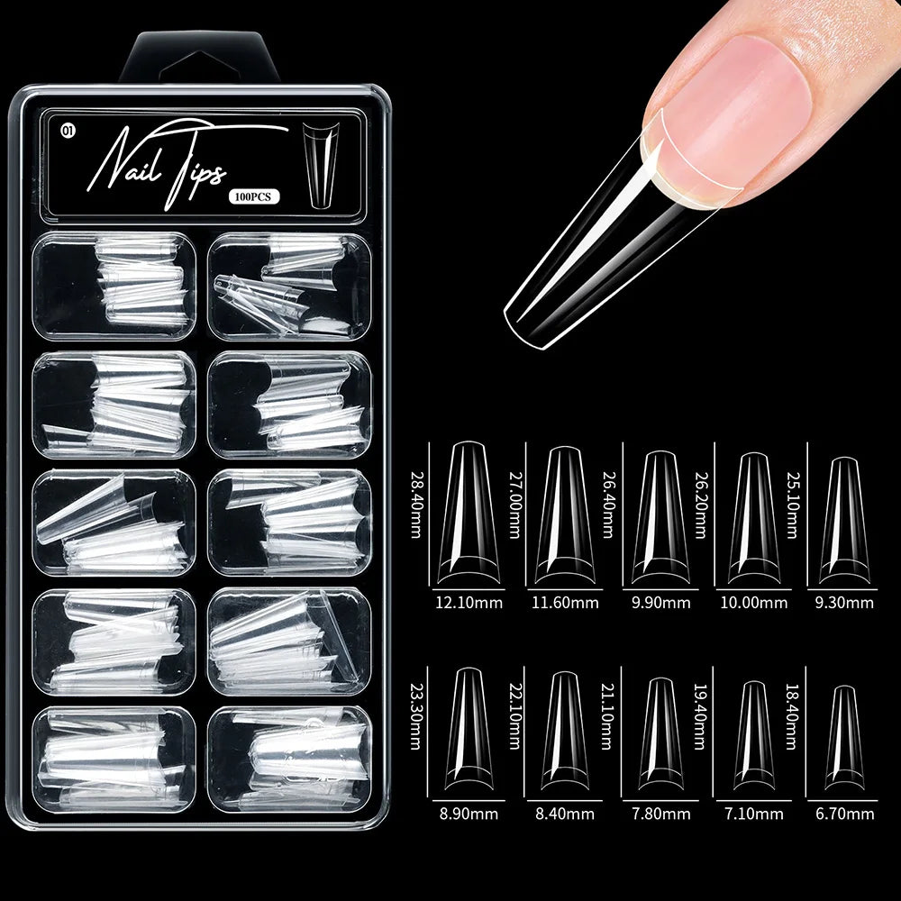 100pcs/box Fake Nail Tips Coffin Press on Nail Clear Full Cover Nail Artificial Press on Long Ballerina