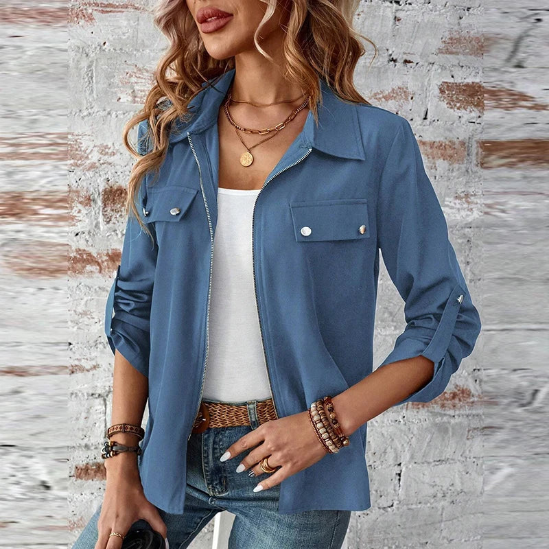 Autumn Women Jacket Coats Turn Down Collar Solid Long Sleeve Biker Jacket For Women Fashion Bomber jacket