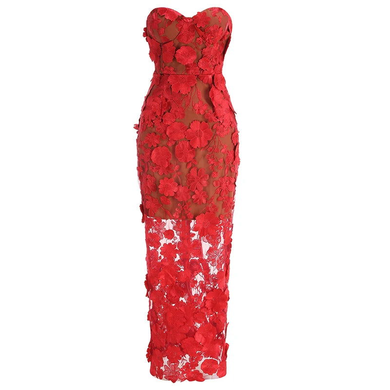 Embroidered Strapless Party Dress – Slim Fit Ankle-Length Gown