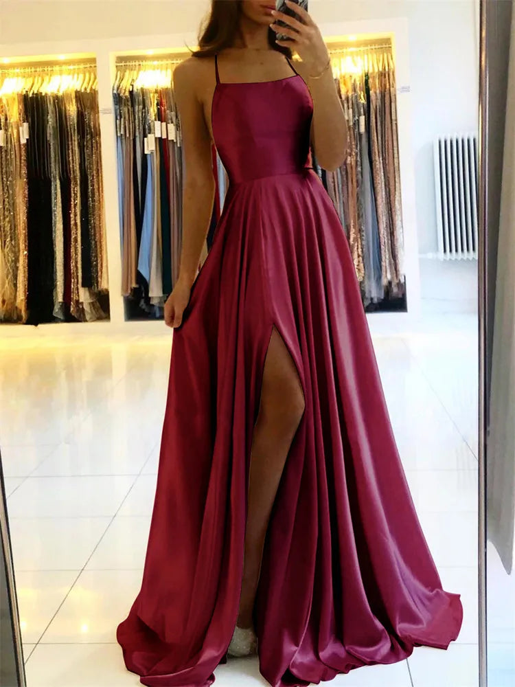 Luxe Satin Side Slit Maxi Dress – Adjustable Strap Evening & Bridesmaid Dress