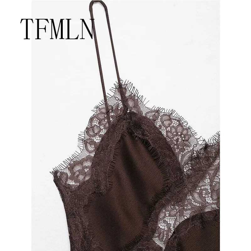 Women Sexy Irregular Lace Dress Fashion V Neck Hem Suspender Long Dresses 2025 New Fashion Party Vestidos