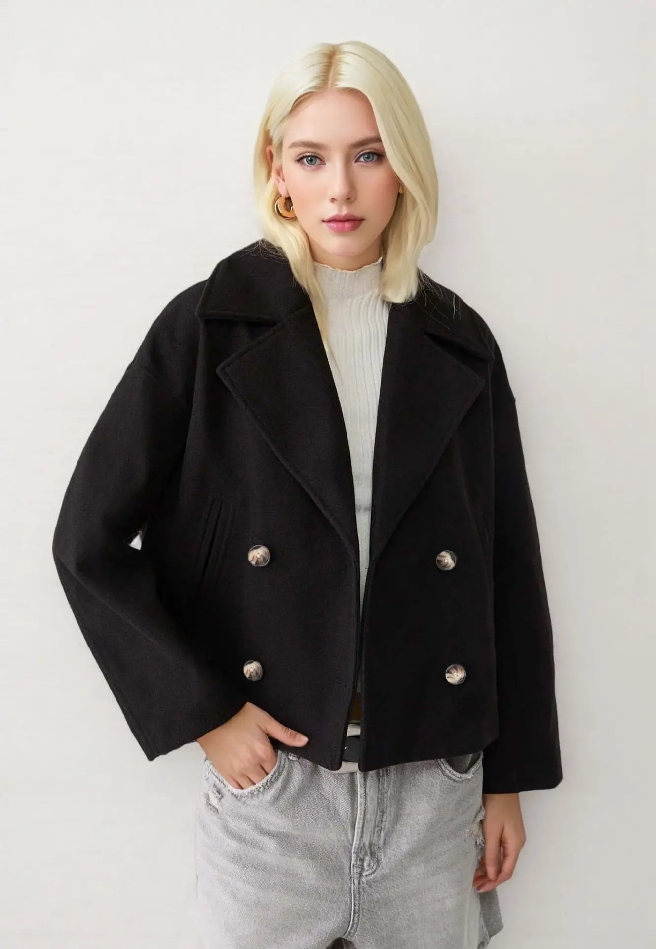 Autumn New European American Style Women's Fashion Temperament Lapel Double-breasted Short Woolen Jacket