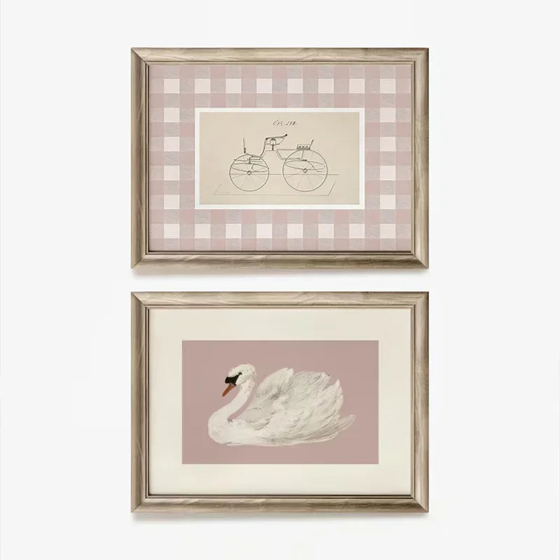 Pink Nursery Gallery Art Wall Poster Vintage Kids Room Swan Rabbit Canvas Painting Light Color Dorm Room Aesthetic Wall Art