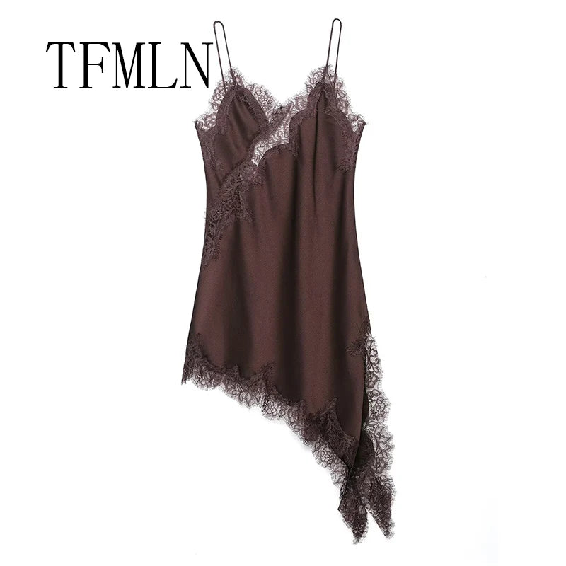 Women Sexy Irregular Lace Dress Fashion V Neck Hem Suspender Long Dresses 2025 New Fashion Party Vestidos