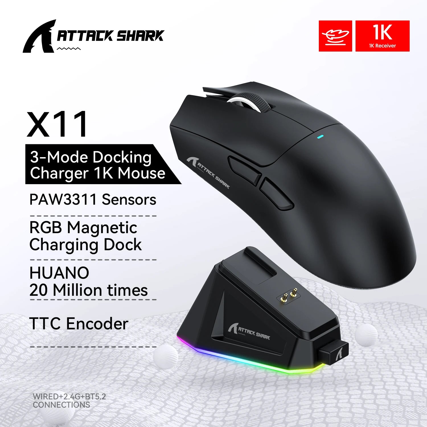 Attack Shark X11  X11SE Wireless Gaming Mouse 3-Mode , PAW3311, 22000DPI, 400IPS, PC Gaming Mouse