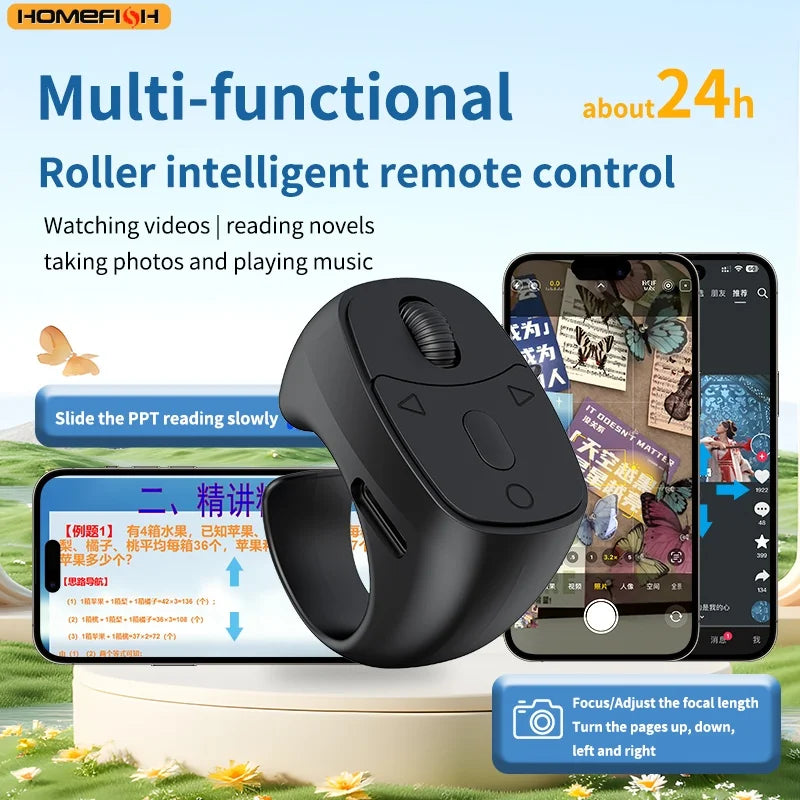 Cell Phone Scrolling Ring Wireless Finger Shutter Remote Control Page Turner Mobile Phone Controller Bluetooth For Travel