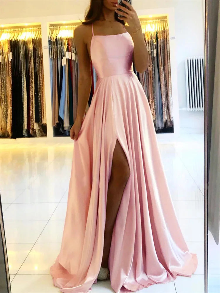 Luxe Satin Side Slit Maxi Dress – Adjustable Strap Evening & Bridesmaid Dress