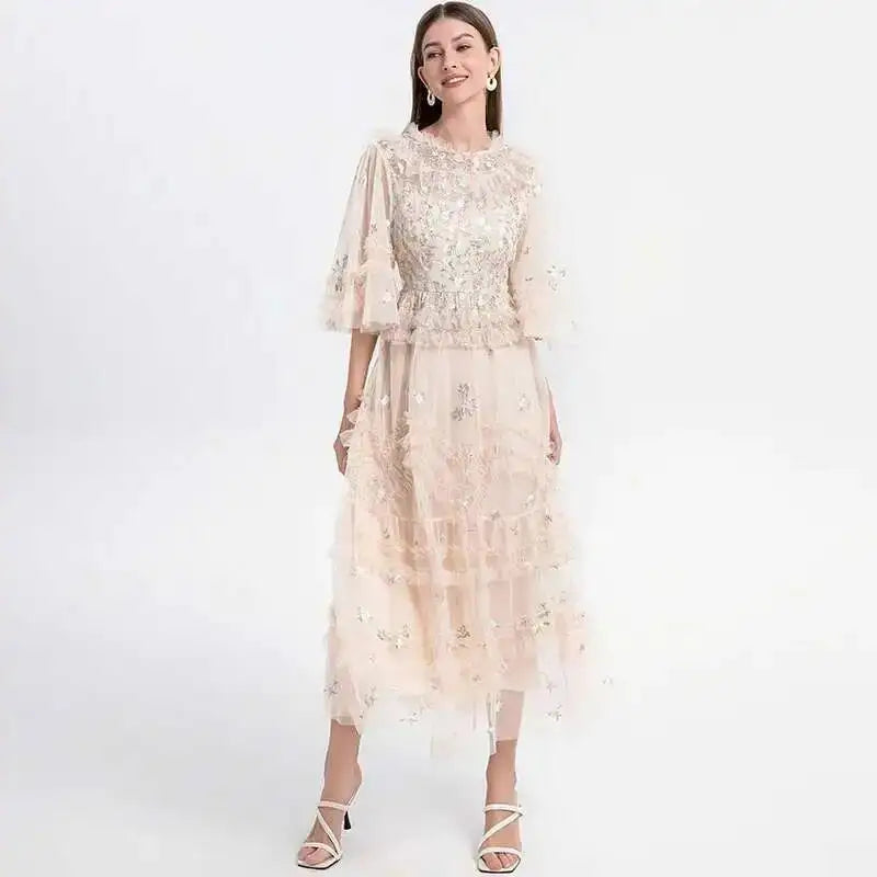 Luxury Embroidery Ruffle Midi Dress – Elegant Puff Sleeve Party Gown