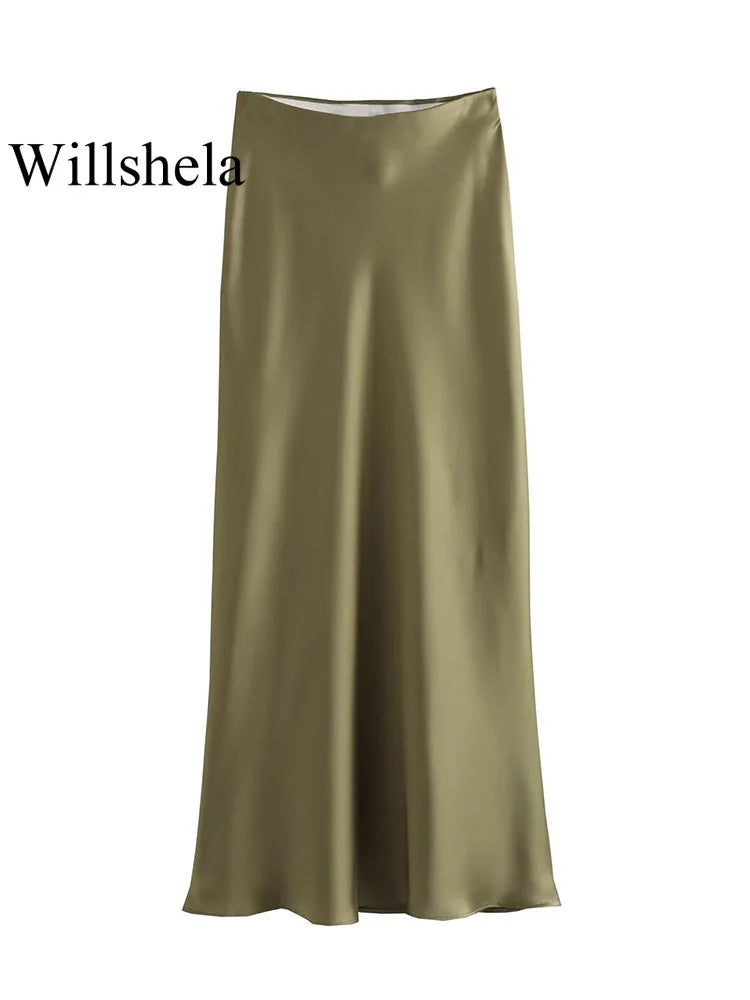 Willshela 2024 Black Satin Skirt Woman High Waist Elegant Long Skirts For Women Fashion Summer Midi Skirt Office Women's Skirts
