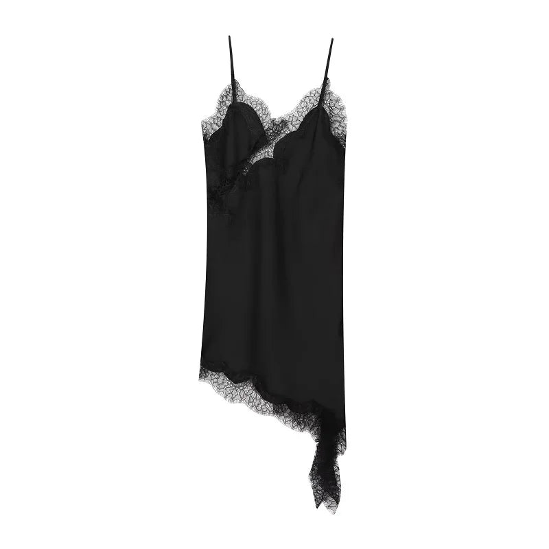 Luxe Satin Lace Slip Dress – Backless Asymmetric Mini Dress