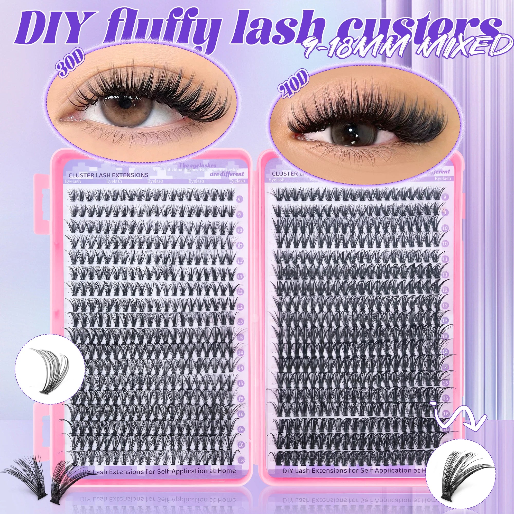 720/200pcs eyelash Extension Kit Fluffy Eyelash Extension kit with Lash Bond and Seal Lash Tweezers Thick Lash Clusters Wispy
