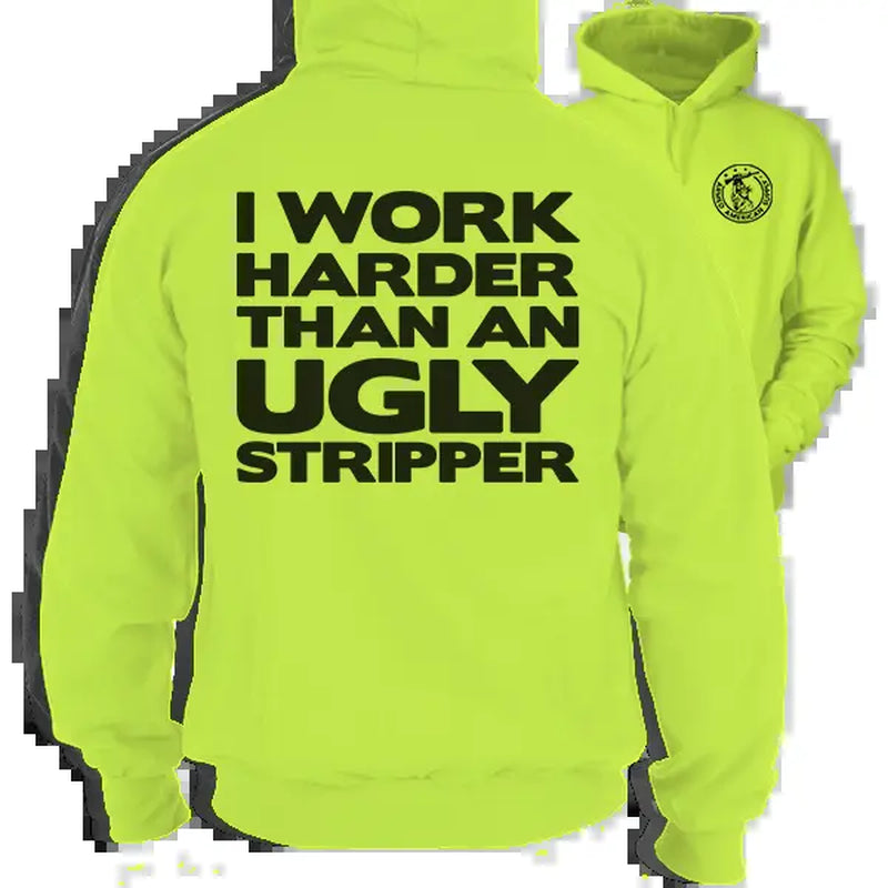 Work Harder - High Visibility Hoodie Work Gear - Cotton Poly Premium Blend - Funny, Sarcastic Designs for Blue Collar Workers Fabric Menswear Polyester Sweatshirt Thick Top Day Layer Underwear Streetwear Clothing Jacket
